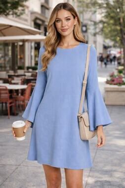 Aqua Women's A-Line Mini Crepe Shift Dress in Light Blue. Bell Sleeves. Size S